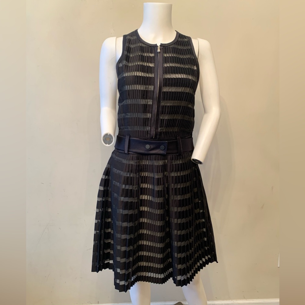 3.1 Phillip Lim Size 6 Silk Zip Front Belted Black Pleated Dress